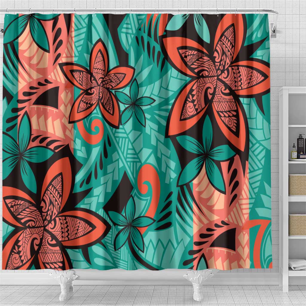 Plumeria Polynesian Pattern Shower Curtain Unique Fantasy Teal Orange
