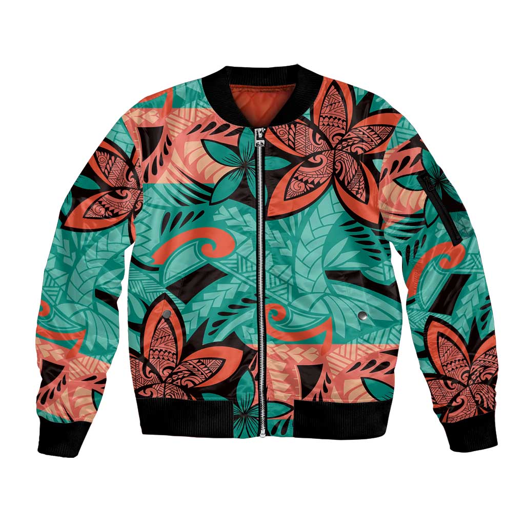 Plumeria Polynesian Pattern Sleeve Zip Bomber Jacket Unique Fantasy Teal Orange