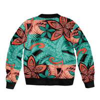 Plumeria Polynesian Pattern Sleeve Zip Bomber Jacket Unique Fantasy Teal Orange