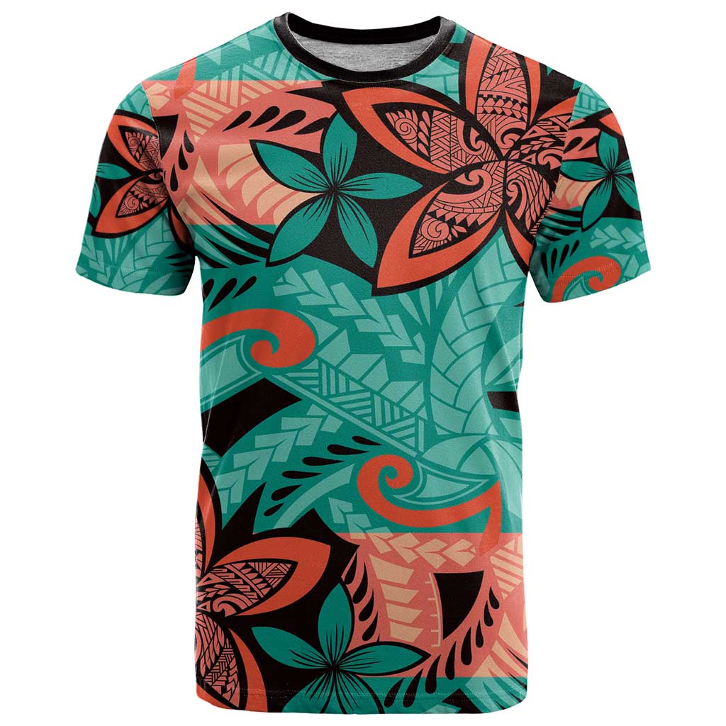Plumeria Polynesian Pattern T Shirt Unique Fantasy Teal Orange