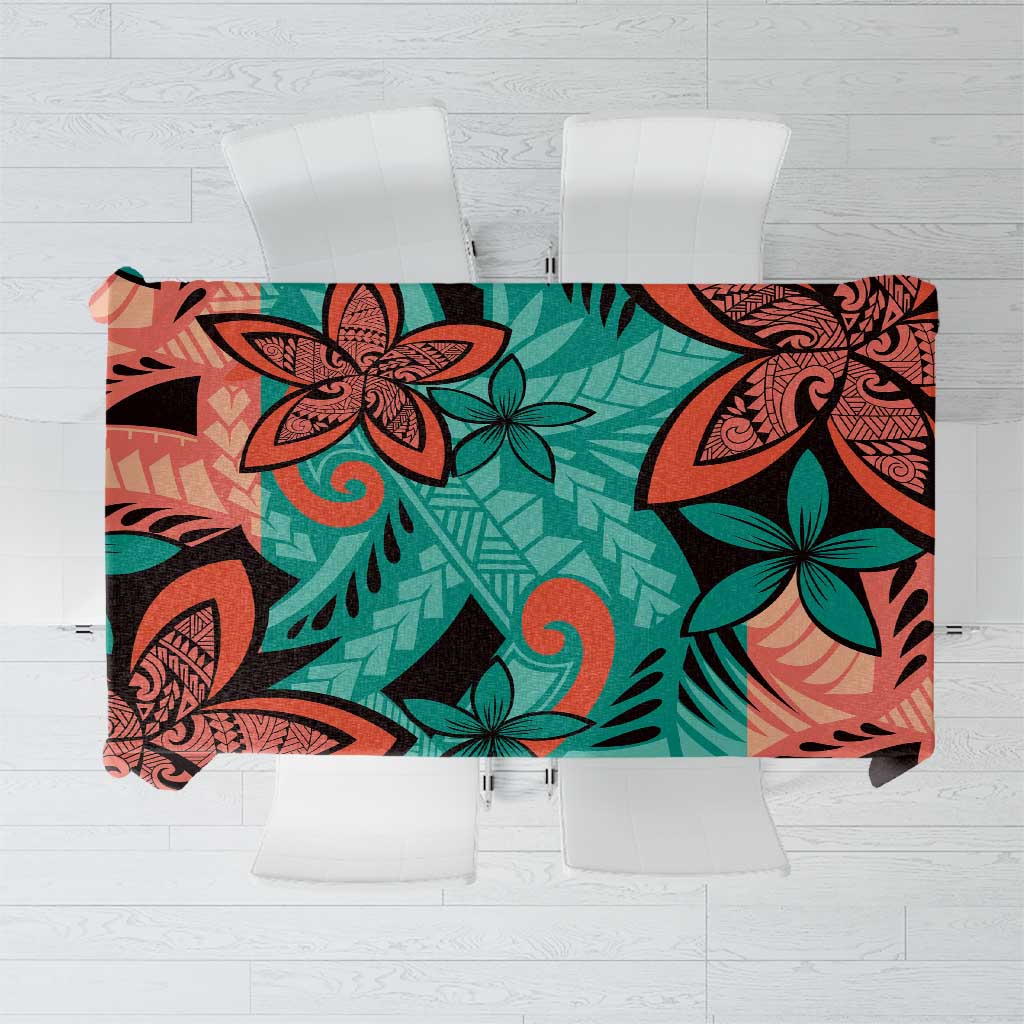 Plumeria Polynesian Pattern Tablecloth Unique Fantasy Teal Orange