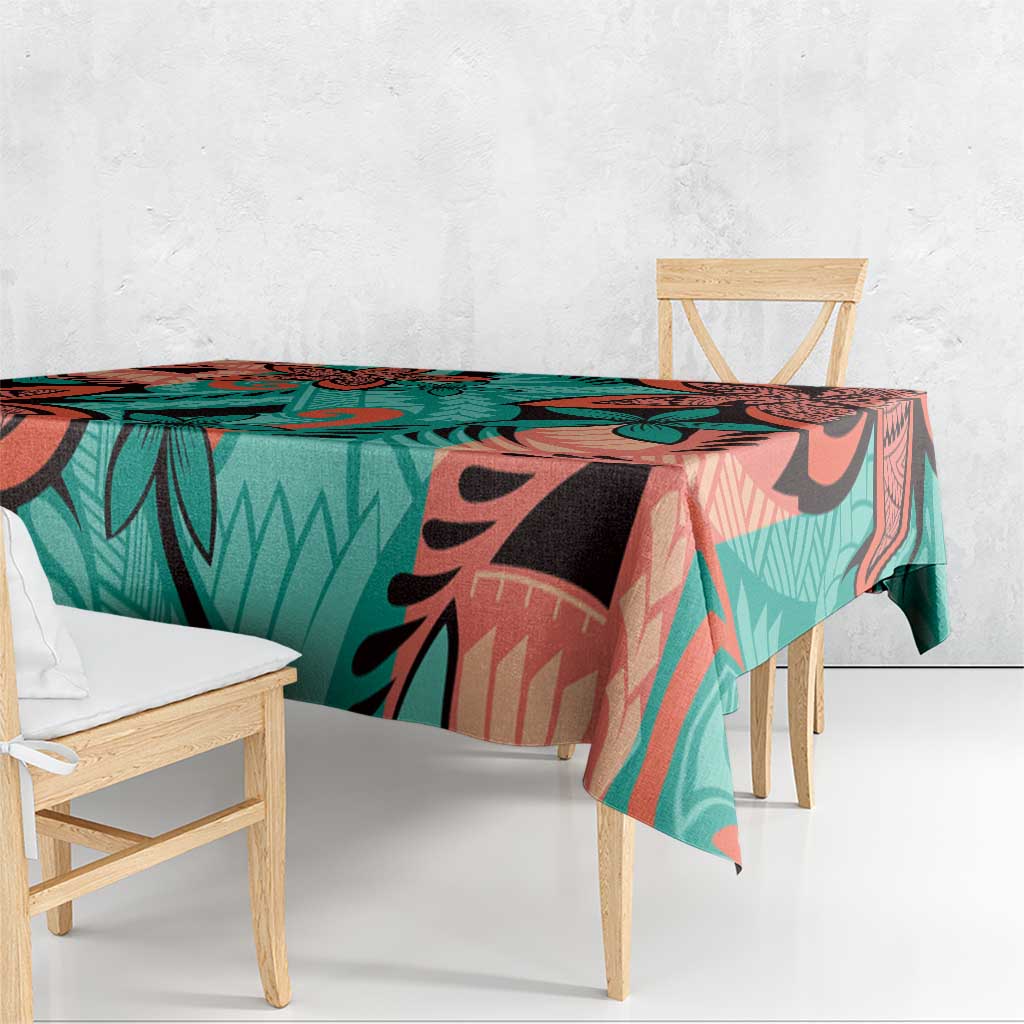 Plumeria Polynesian Pattern Tablecloth Unique Fantasy Teal Orange