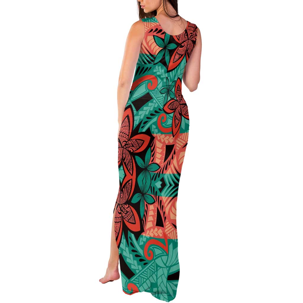 Plumeria Polynesian Pattern Tank Maxi Dress Unique Fantasy Teal Orange