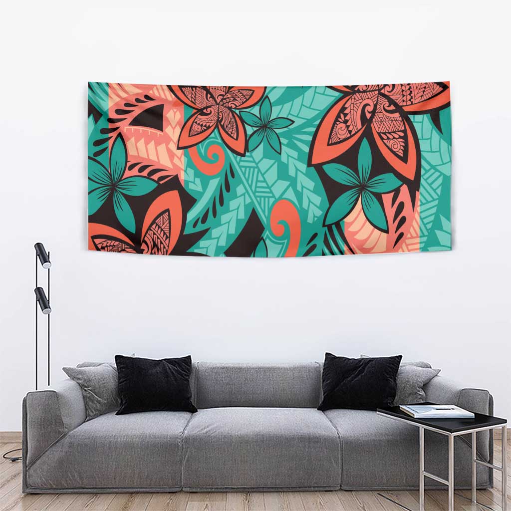 Plumeria Polynesian Pattern Tapestry Unique Fantasy Teal Orange