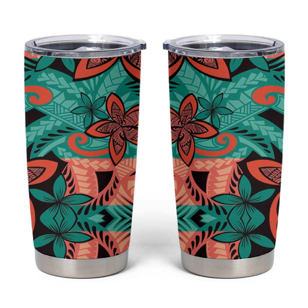 Plumeria Polynesian Pattern Tumbler Cup Unique Fantasy Teal Orange
