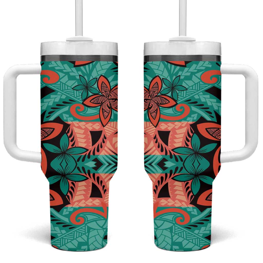 Plumeria Polynesian Pattern Tumbler With Handle Unique Fantasy Teal Orange
