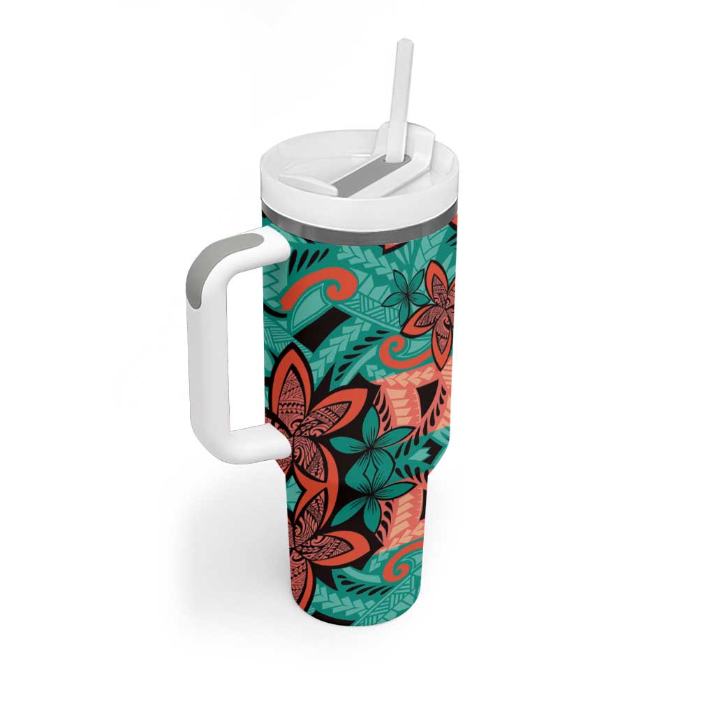 Plumeria Polynesian Pattern Tumbler With Handle Unique Fantasy Teal Orange