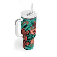 Plumeria Polynesian Pattern Tumbler With Handle Unique Fantasy Teal Orange
