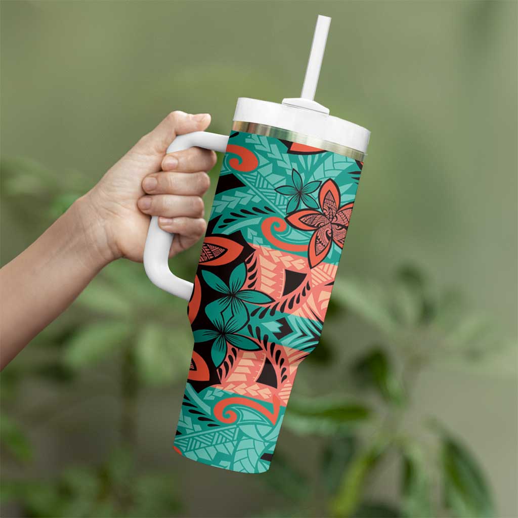 Plumeria Polynesian Pattern Tumbler With Handle Unique Fantasy Teal Orange