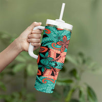 Plumeria Polynesian Pattern Tumbler With Handle Unique Fantasy Teal Orange