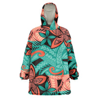 Plumeria Polynesian Pattern Wearable Blanket Hoodie Unique Fantasy Teal Orange