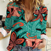 Plumeria Polynesian Pattern Women Casual Shirt Unique Fantasy Teal Orange