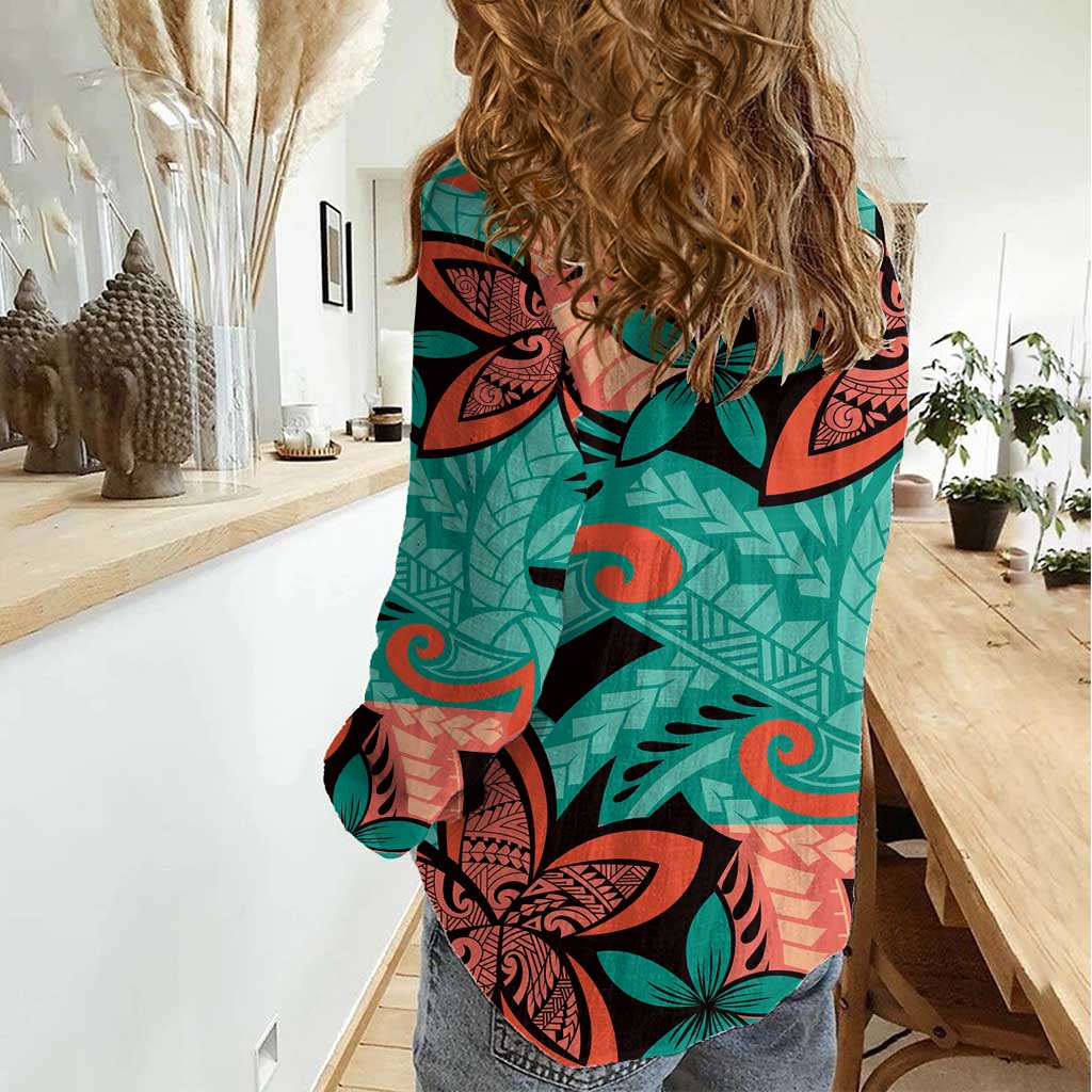 Plumeria Polynesian Pattern Women Casual Shirt Unique Fantasy Teal Orange