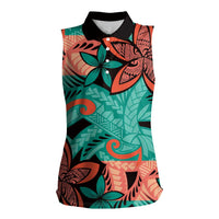 Plumeria Polynesian Pattern Women Sleeveless Polo Shirt Unique Fantasy Teal Orange LT01 Female Teal - Polynesian Pride