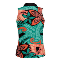 Plumeria Polynesian Pattern Women Sleeveless Polo Shirt Unique Fantasy Teal Orange LT01 - Polynesian Pride