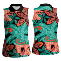 Plumeria Polynesian Pattern Women Sleeveless Polo Shirt Unique Fantasy Teal Orange LT01 - Polynesian Pride