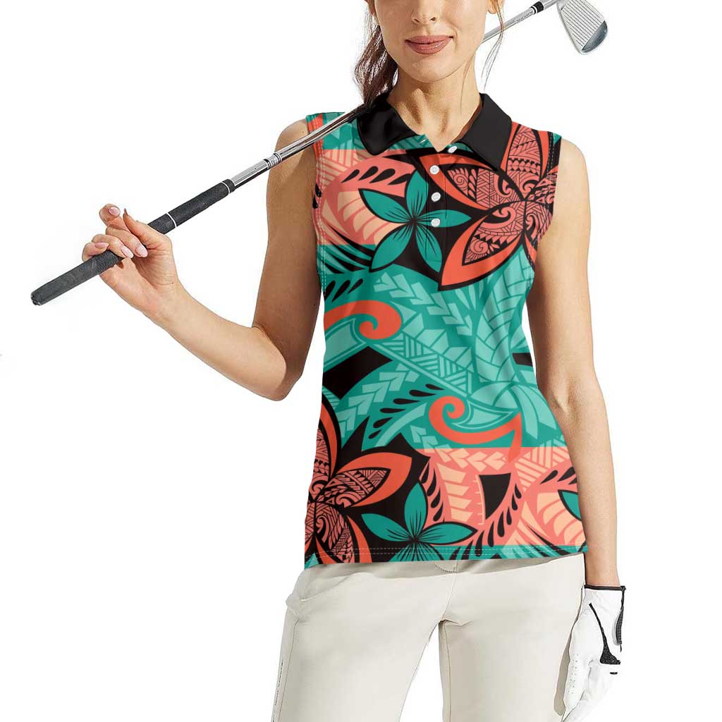 Plumeria Polynesian Pattern Women Sleeveless Polo Shirt Unique Fantasy Teal Orange LT01 - Polynesian Pride