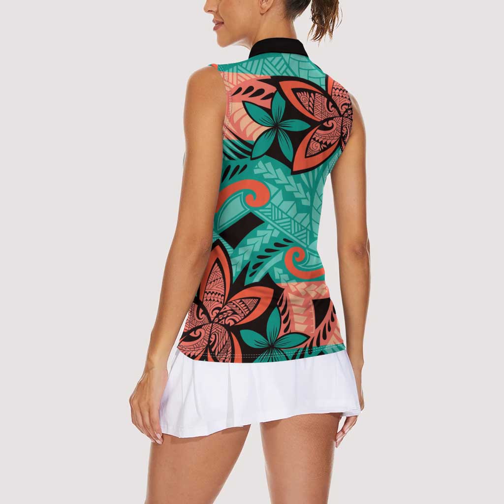 Plumeria Polynesian Pattern Women Sleeveless Polo Shirt Unique Fantasy Teal Orange LT01 - Polynesian Pride