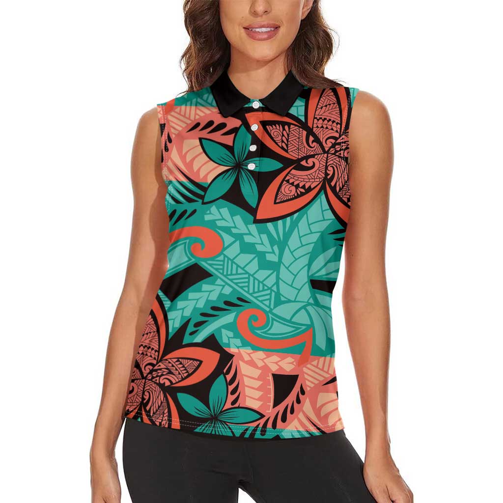 Plumeria Polynesian Pattern Women Sleeveless Polo Shirt Unique Fantasy Teal Orange LT01 - Polynesian Pride