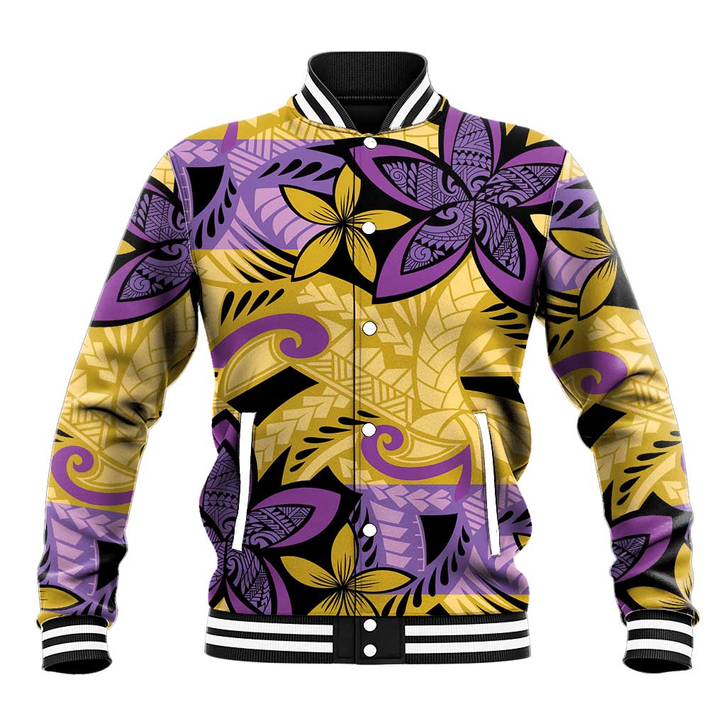 Plumeria Polynesian Pattern Baseball Jacket Unique Fantasy Yellow Purple LT01 Unisex Yellow - Polynesian Pride