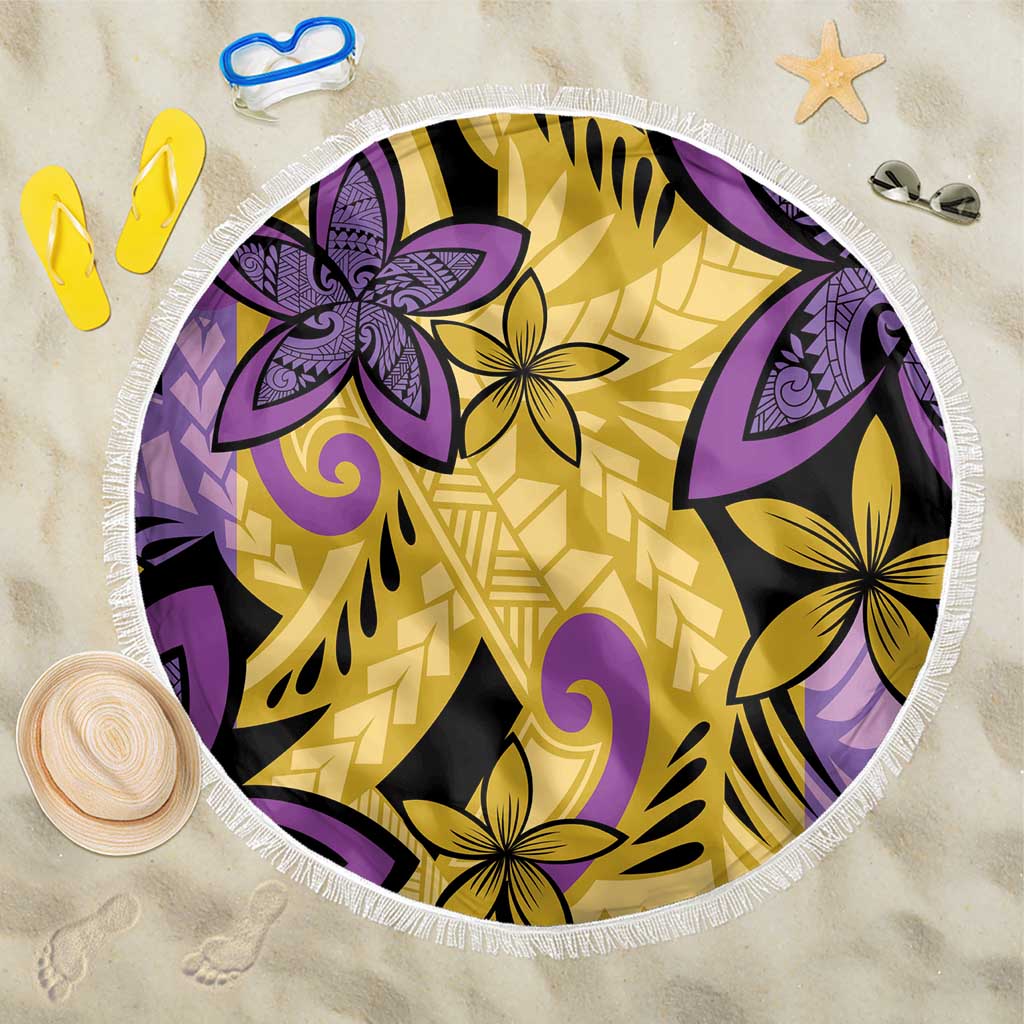 Plumeria Polynesian Pattern Beach Blanket Unique Fantasy Yellow Purple