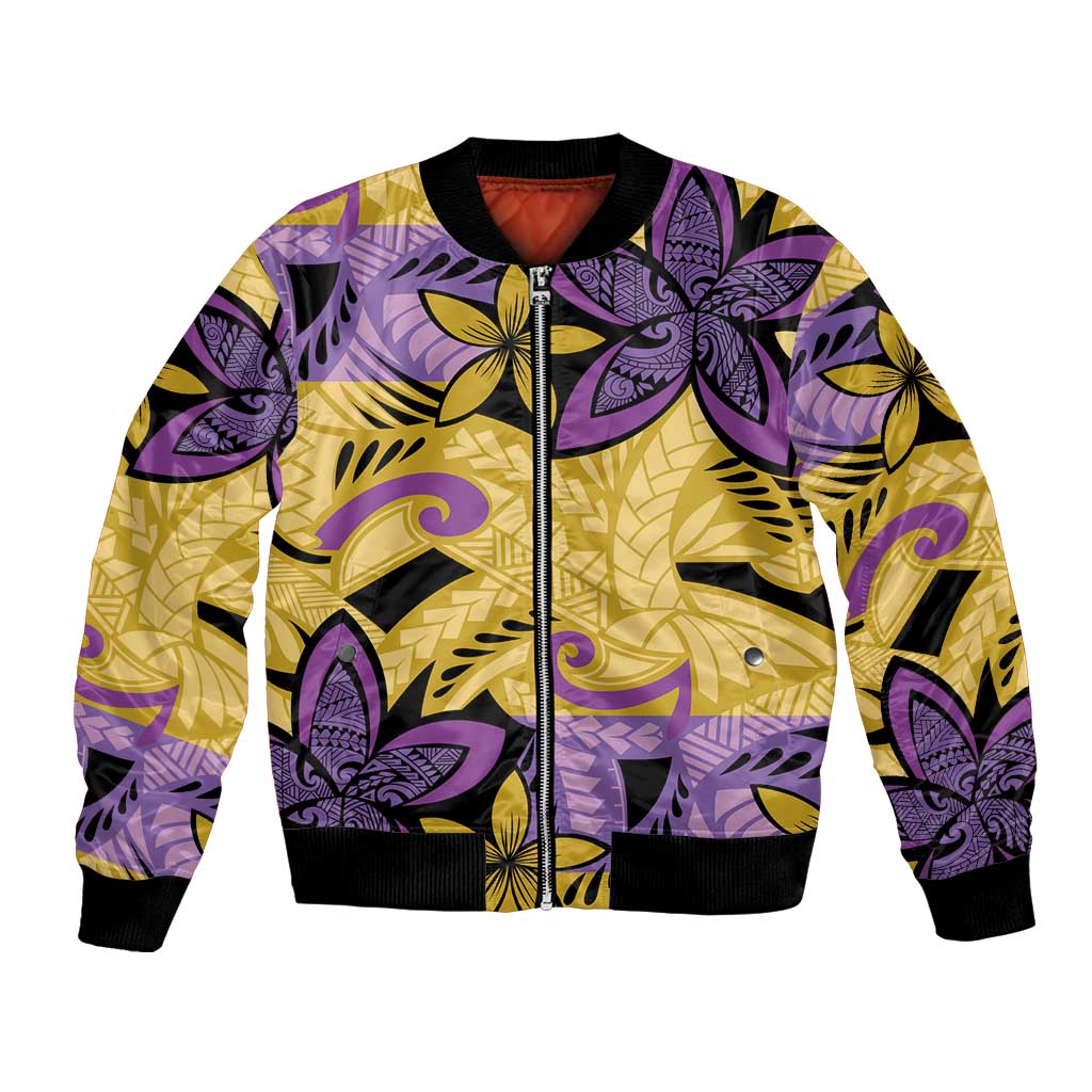 Plumeria Polynesian Pattern Bomber Jacket Unique Fantasy Yellow Purple