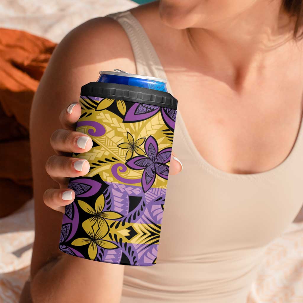 Plumeria Polynesian Pattern 4 in 1 Can Cooler Tumbler Unique Fantasy Yellow Purple