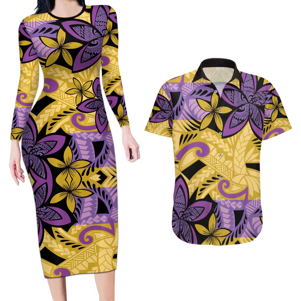 Plumeria Polynesian Pattern Couples Matching Long Sleeve Bodycon Dress and Hawaiian Shirt Unique Fantasy Yellow Purple