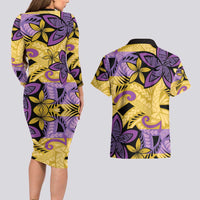 Plumeria Polynesian Pattern Couples Matching Long Sleeve Bodycon Dress and Hawaiian Shirt Unique Fantasy Yellow Purple