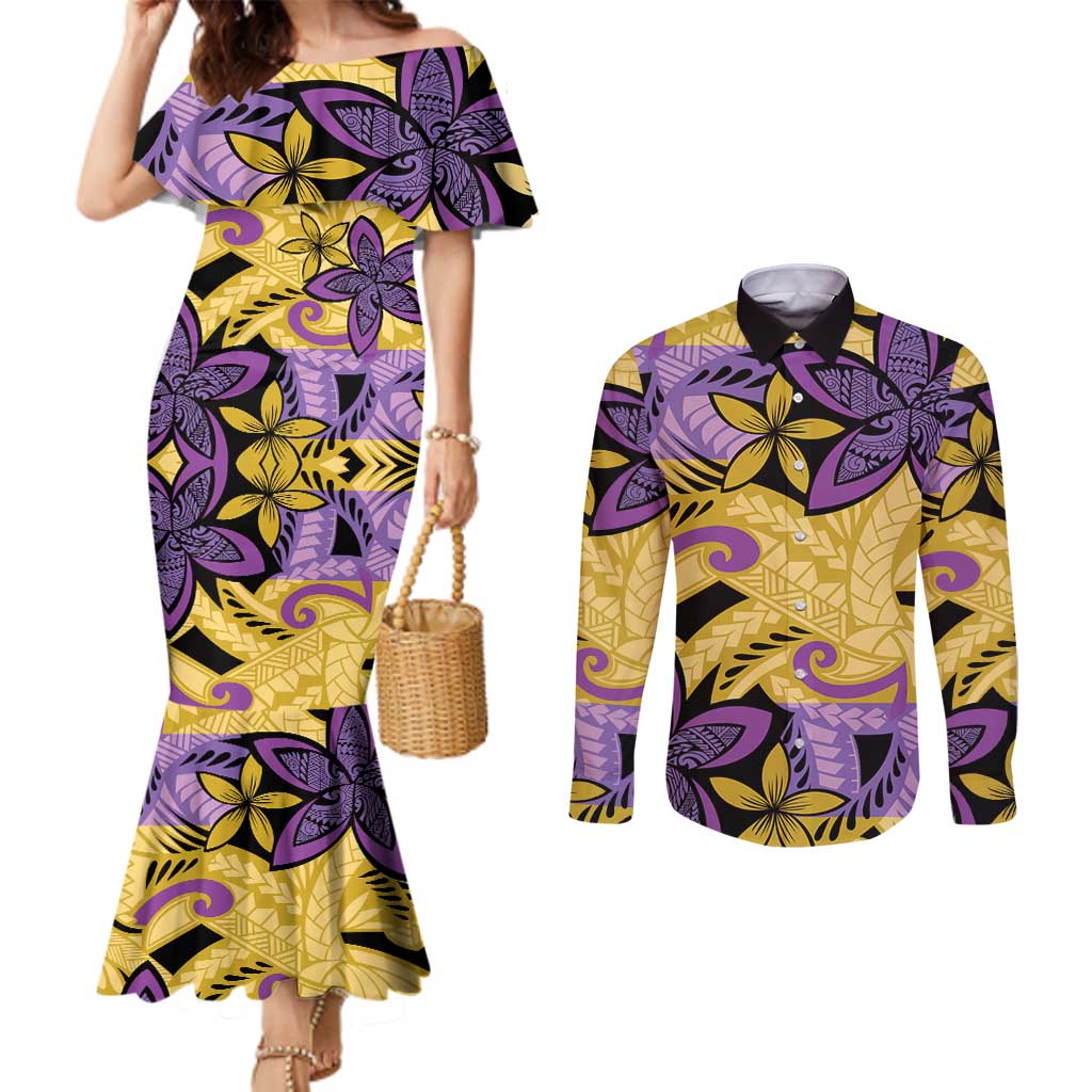 Plumeria Polynesian Pattern Couples Matching Mermaid Dress and Long Sleeve Button Shirt Unique Fantasy Yellow Purple LT01 Yellow - Polynesian Pride