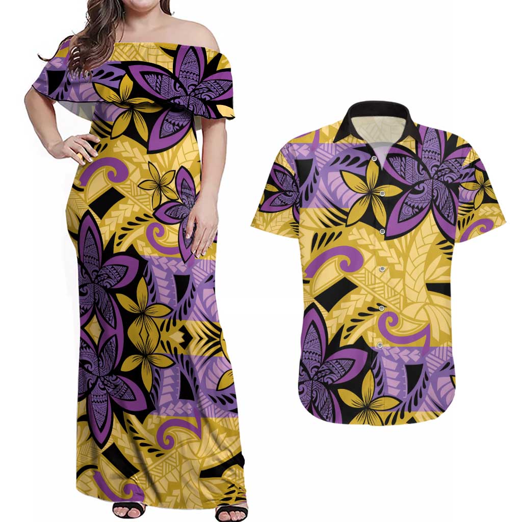 Plumeria Polynesian Pattern Couples Matching Off Shoulder Maxi Dress and Hawaiian Shirt Unique Fantasy Yellow Purple
