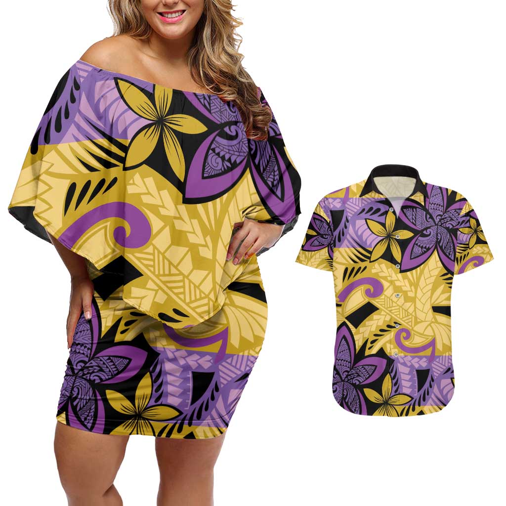 Plumeria Polynesian Pattern Couples Matching Off Shoulder Short Dress and Hawaiian Shirt Unique Fantasy Yellow Purple