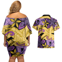 Plumeria Polynesian Pattern Couples Matching Off Shoulder Short Dress and Hawaiian Shirt Unique Fantasy Yellow Purple