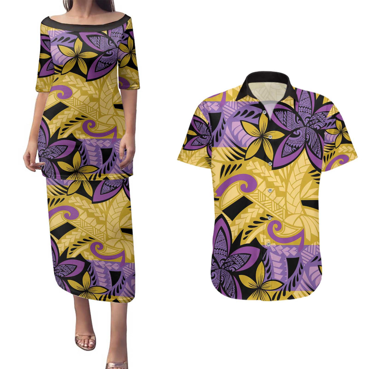 Plumeria Polynesian Pattern Couples Matching Puletasi and Hawaiian Shirt Unique Fantasy Yellow Purple