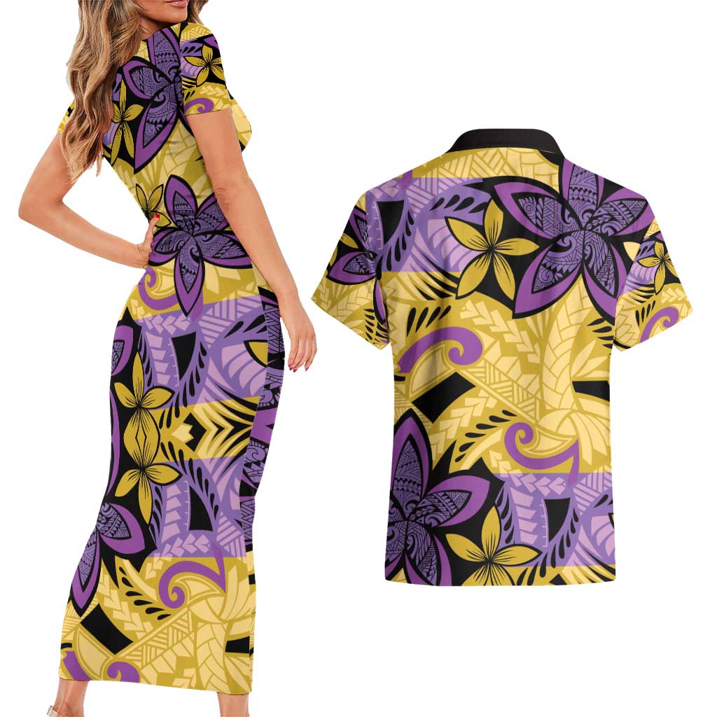 Plumeria Polynesian Pattern Couples Matching Short Sleeve Bodycon Dress and Hawaiian Shirt Unique Fantasy Yellow Purple