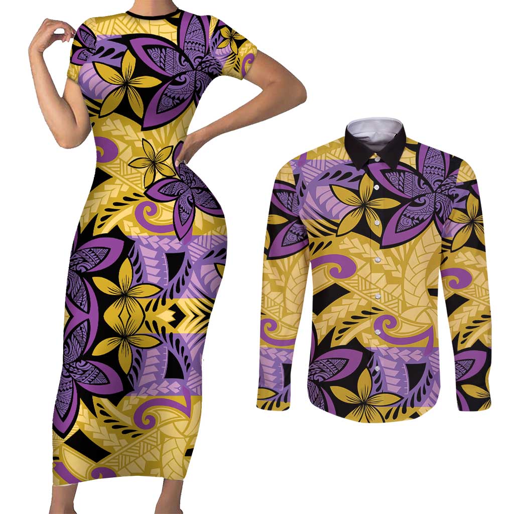 Plumeria Polynesian Pattern Couples Matching Short Sleeve Bodycon Dress and Long Sleeve Button Shirt Unique Fantasy Yellow Purple