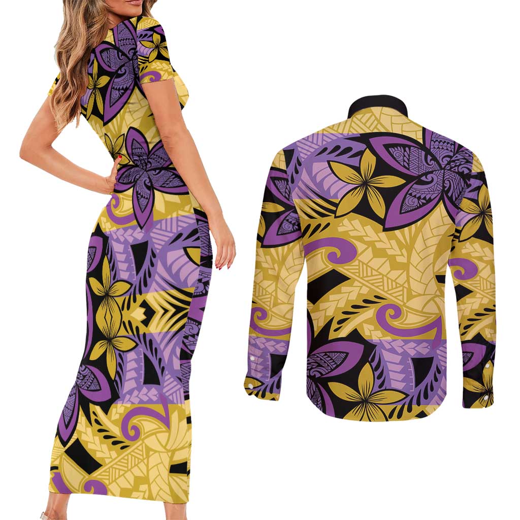 Plumeria Polynesian Pattern Couples Matching Short Sleeve Bodycon Dress and Long Sleeve Button Shirt Unique Fantasy Yellow Purple