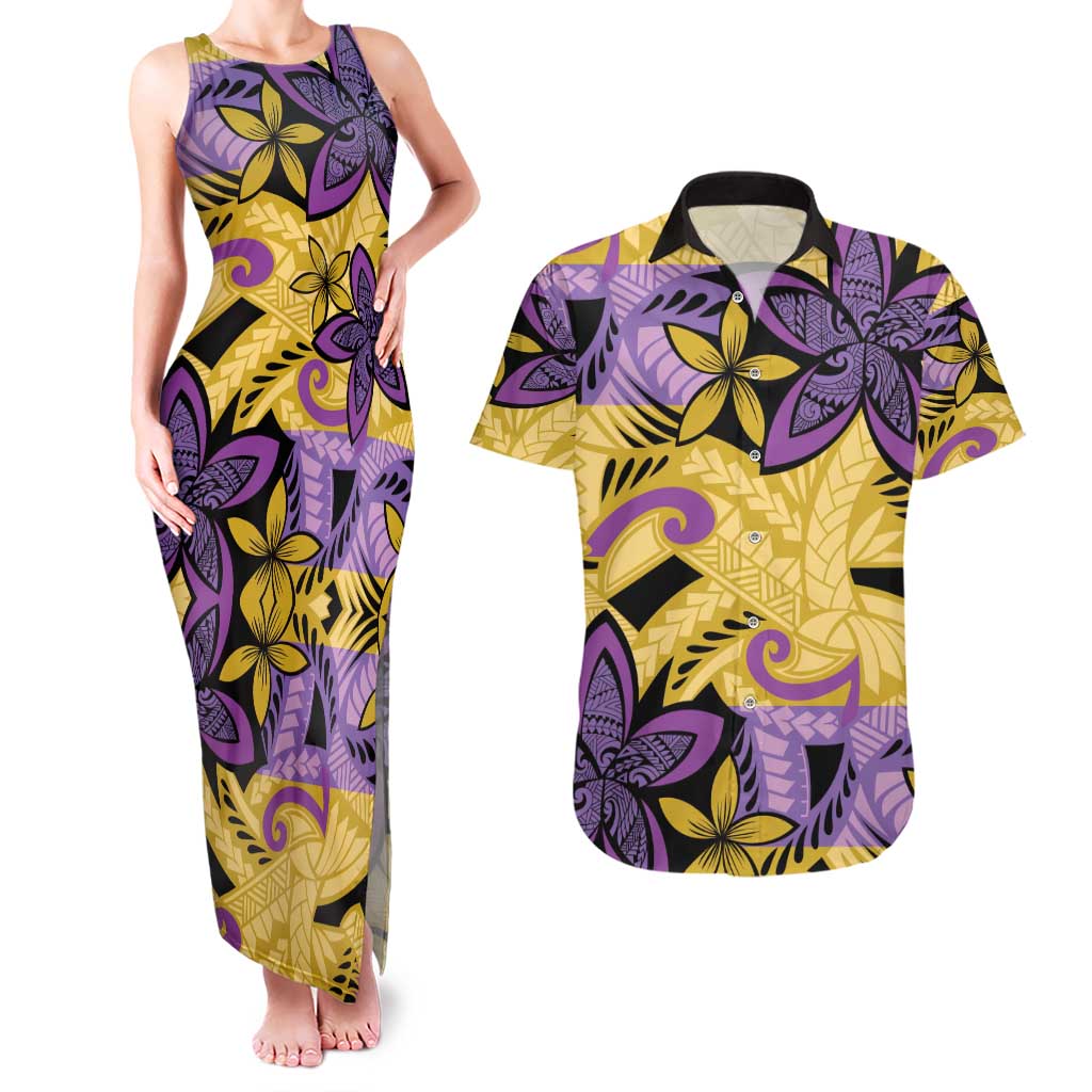 Plumeria Polynesian Pattern Couples Matching Tank Maxi Dress and Hawaiian Shirt Unique Fantasy Yellow Purple