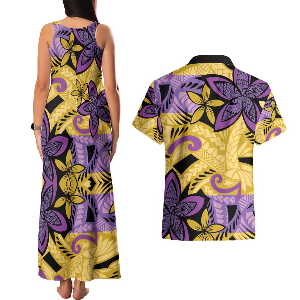 Plumeria Polynesian Pattern Couples Matching Tank Maxi Dress and Hawaiian Shirt Unique Fantasy Yellow Purple