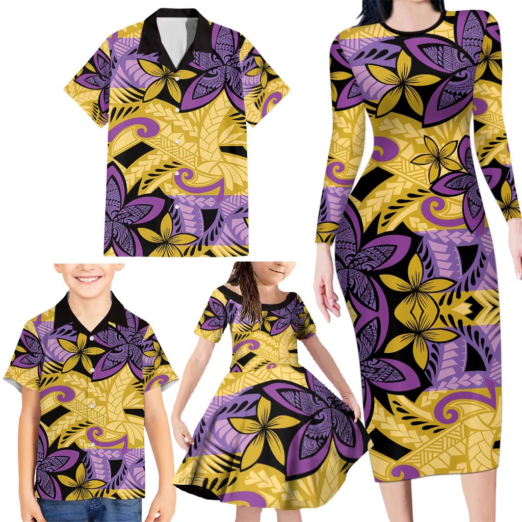 Plumeria Polynesian Pattern Family Matching Long Sleeve Bodycon Dress and Hawaiian Shirt Unique Fantasy Yellow Purple