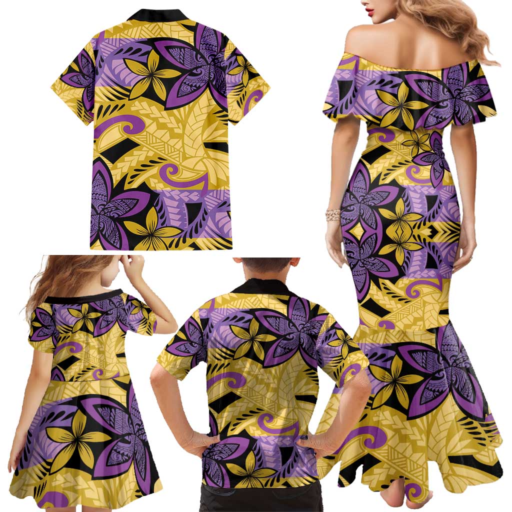 Plumeria Polynesian Pattern Family Matching Mermaid Dress and Hawaiian Shirt Unique Fantasy Yellow Purple