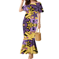 Plumeria Polynesian Pattern Family Matching Mermaid Dress and Hawaiian Shirt Unique Fantasy Yellow Purple
