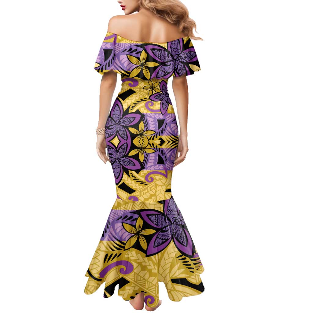 Plumeria Polynesian Pattern Family Matching Mermaid Dress and Hawaiian Shirt Unique Fantasy Yellow Purple