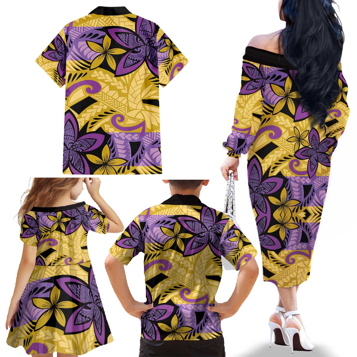 Plumeria Polynesian Pattern Family Matching Off The Shoulder Long Sleeve Dress and Hawaiian Shirt Unique Fantasy Yellow Purple