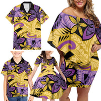 Plumeria Polynesian Pattern Family Matching Off Shoulder Short Dress and Hawaiian Shirt Unique Fantasy Yellow Purple