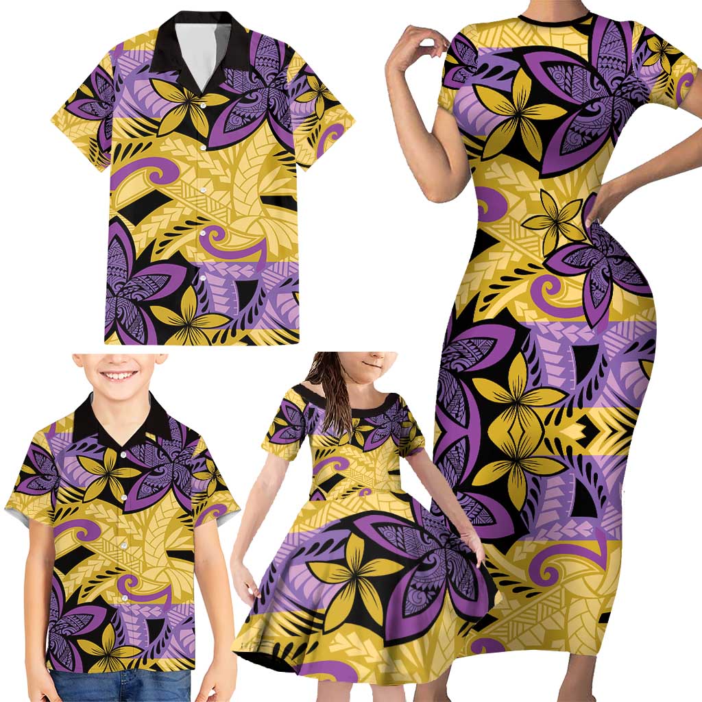 Plumeria Polynesian Pattern Family Matching Short Sleeve Bodycon Dress and Hawaiian Shirt Unique Fantasy Yellow Purple