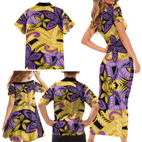 Plumeria Polynesian Pattern Family Matching Short Sleeve Bodycon Dress and Hawaiian Shirt Unique Fantasy Yellow Purple