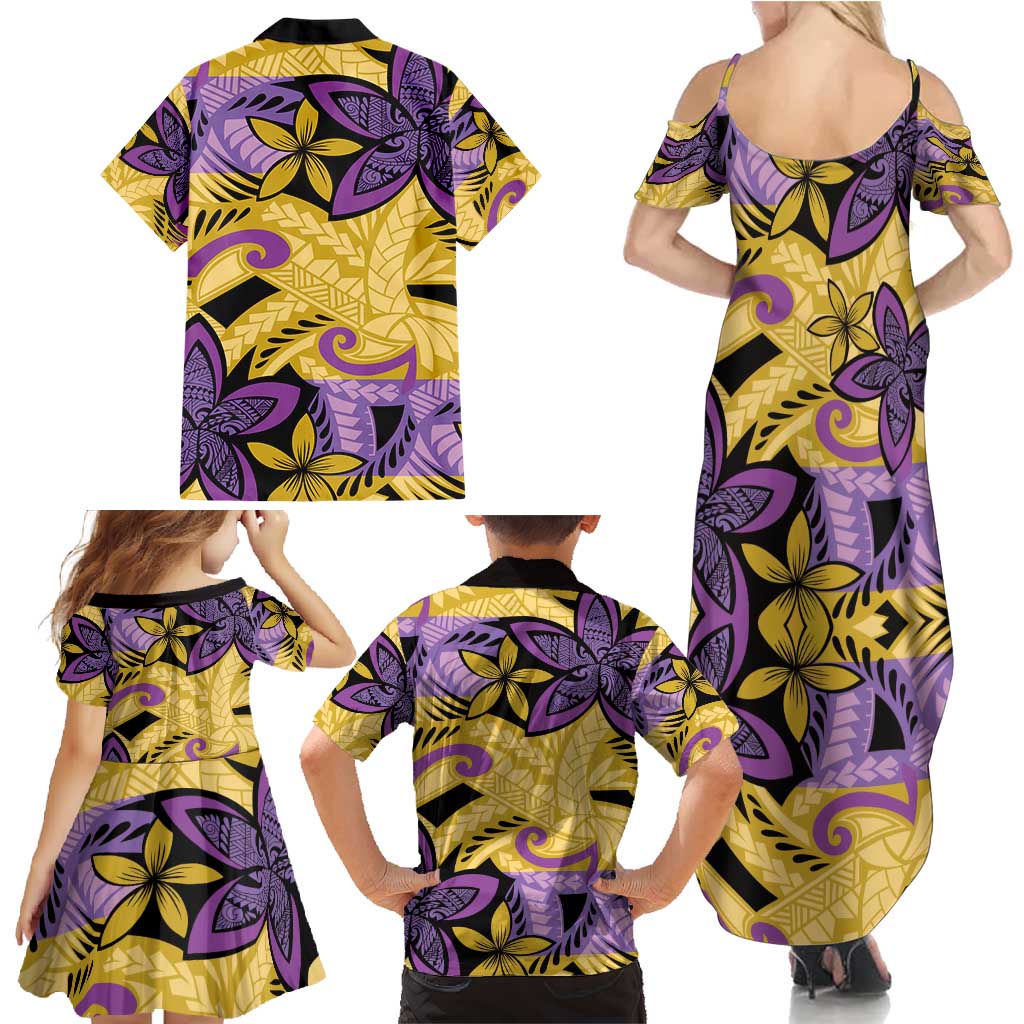 Plumeria Polynesian Pattern Family Matching Summer Maxi Dress and Hawaiian Shirt Unique Fantasy Yellow Purple