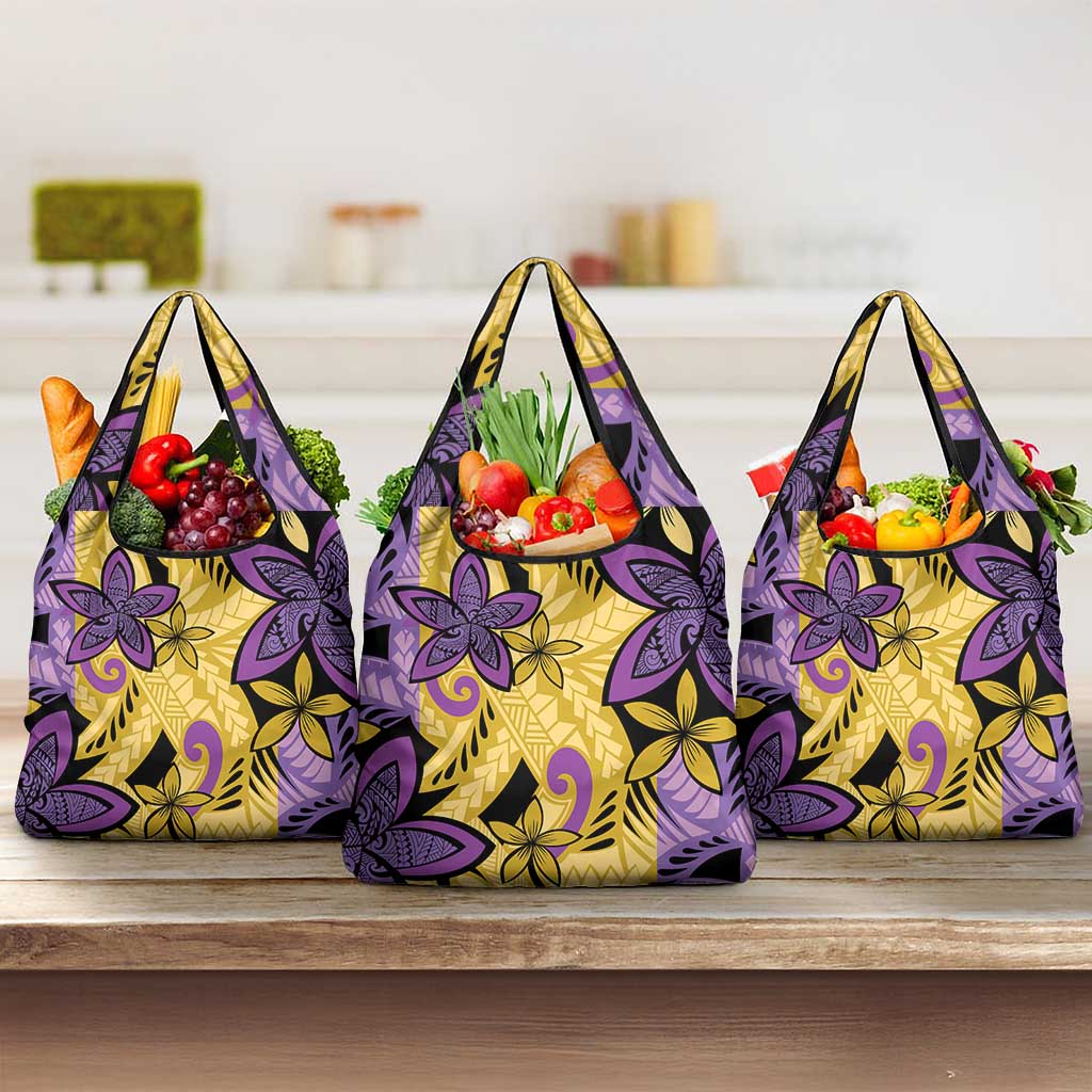 Plumeria Polynesian Pattern Grocery Bag Unique Fantasy Yellow Purple LT01 3-pack One Size Yellow - Polynesian Pride