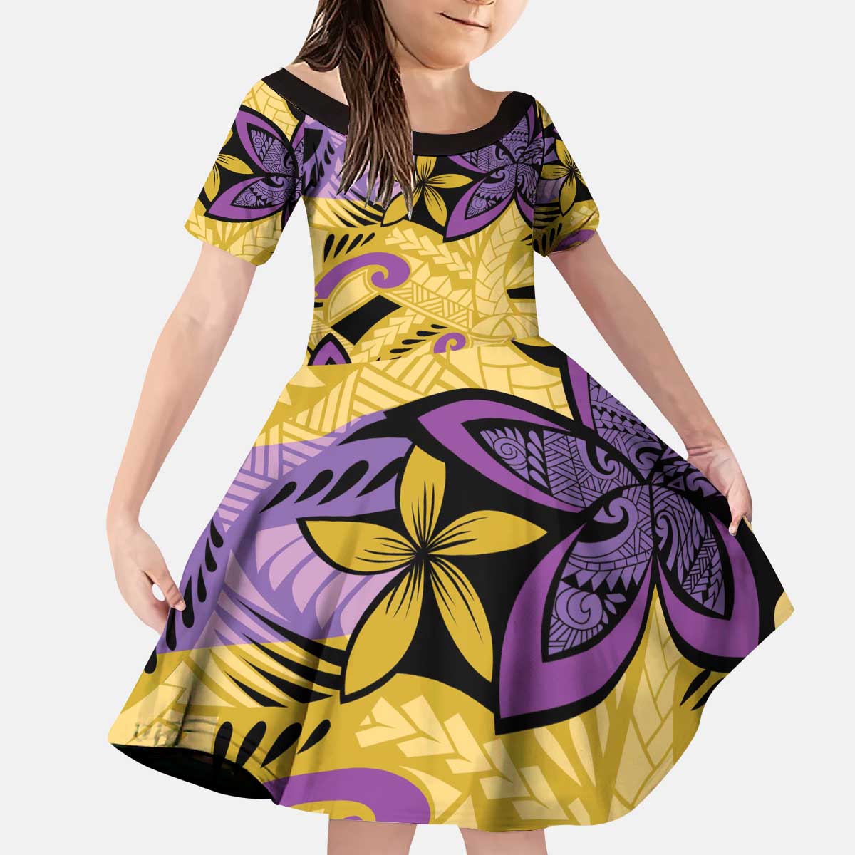 Plumeria Polynesian Pattern Kid Short Sleeve Dress Unique Fantasy Yellow Purple LT01 KID Yellow - Polynesian Pride